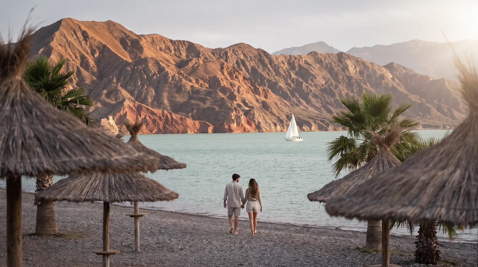 Una pareja camina por la playa del dique de Ullum entre sombrillas de paja, con un velero y las sierras al fondo